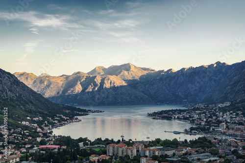 Sunrise panoramic morning view of mountain randge and Kotor bay, Montenegro. View from the top of the mountain serpentine.