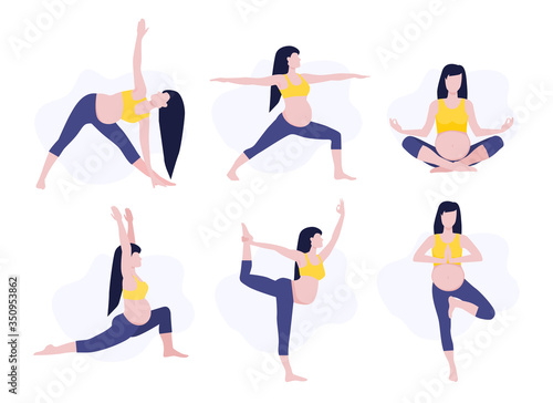 Vector illustration set of pregmant girl or woman doing yoga class. Healthy fitness pregnant, sport in pregnancy. Home activity, healthy lifestyle.