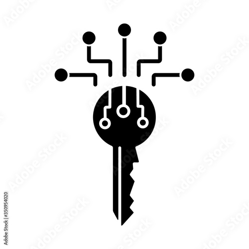 Digital key black glyph icon. Personal information security. Data encryption. Electronic key. Private access. Identification technology. Silhouette symbol on white space. Vector isolated illustration