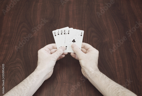 hands hoilding Royal Flush of clubs photo