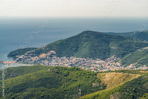 Sunny aerial panoramic view of old town of Budva and Riviera, Montenegro.