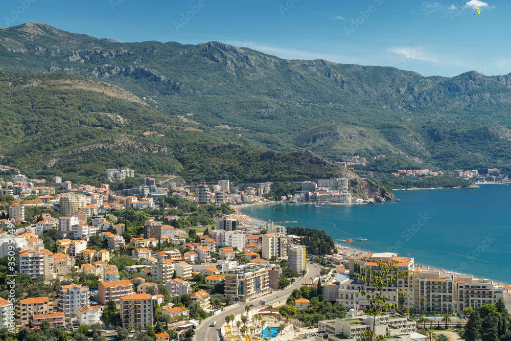 Sunny aerial panoramic view of old town of  Budva and Riviera, Montenegro.