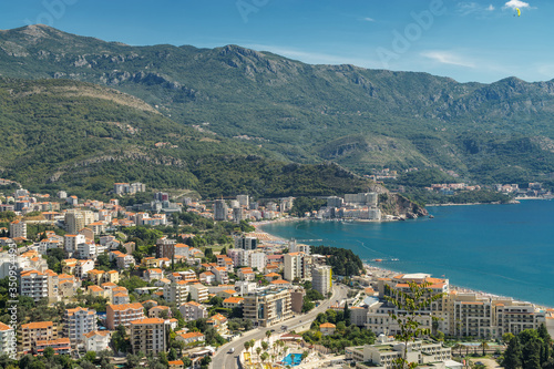 Sunny aerial panoramic view of old town of Budva and Riviera, Montenegro.