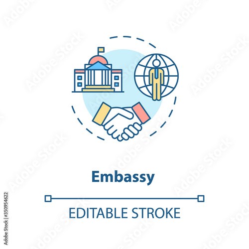 Embassy concept icon. Diplomatic mission idea thin line illustration. International relations. Foreign countries partnership. Vector isolated outline RGB color drawing. Editable stroke