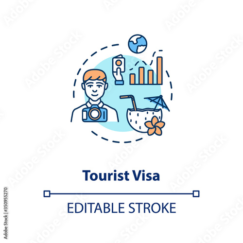 Tourist visa concept icon. Abroad vacation. Travel document application. Summer holiday planning idea thin line illustration. Vector isolated outline RGB color drawing. Editable stroke