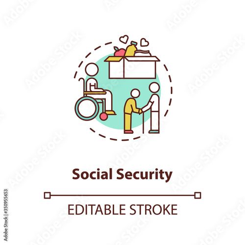 Social security concept icon. People in need help. Old age pensioners support. Voluntary service. Food donation idea thin line illustration. Vector isolated outline RGB color drawing. Editable stroke