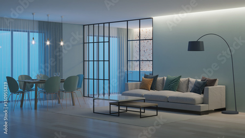 Modern house interior. Blue kitchen with terrazzo apron behind glass partitions. Night. Evening lighting. 3D rendering.
