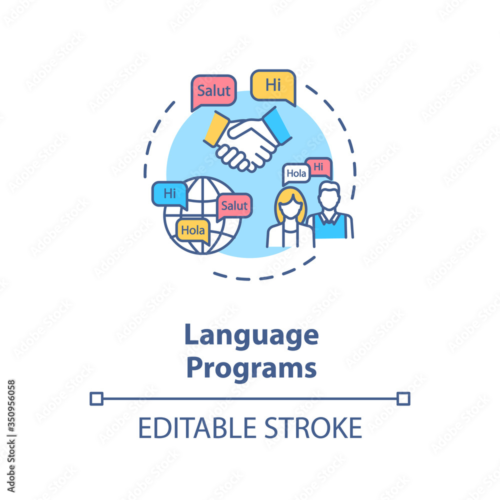 Language programs concept icon. Native speaker lesson. Multilingual society. Linguistics university department idea thin line illustration. Vector isolated outline RGB color drawing. Editable stroke Language programs concept icon. Native speaker lesson. Multilingual society. Linguistics university department idea thin line illustration. Vector isolated outline RGB color drawing. Editable stroke