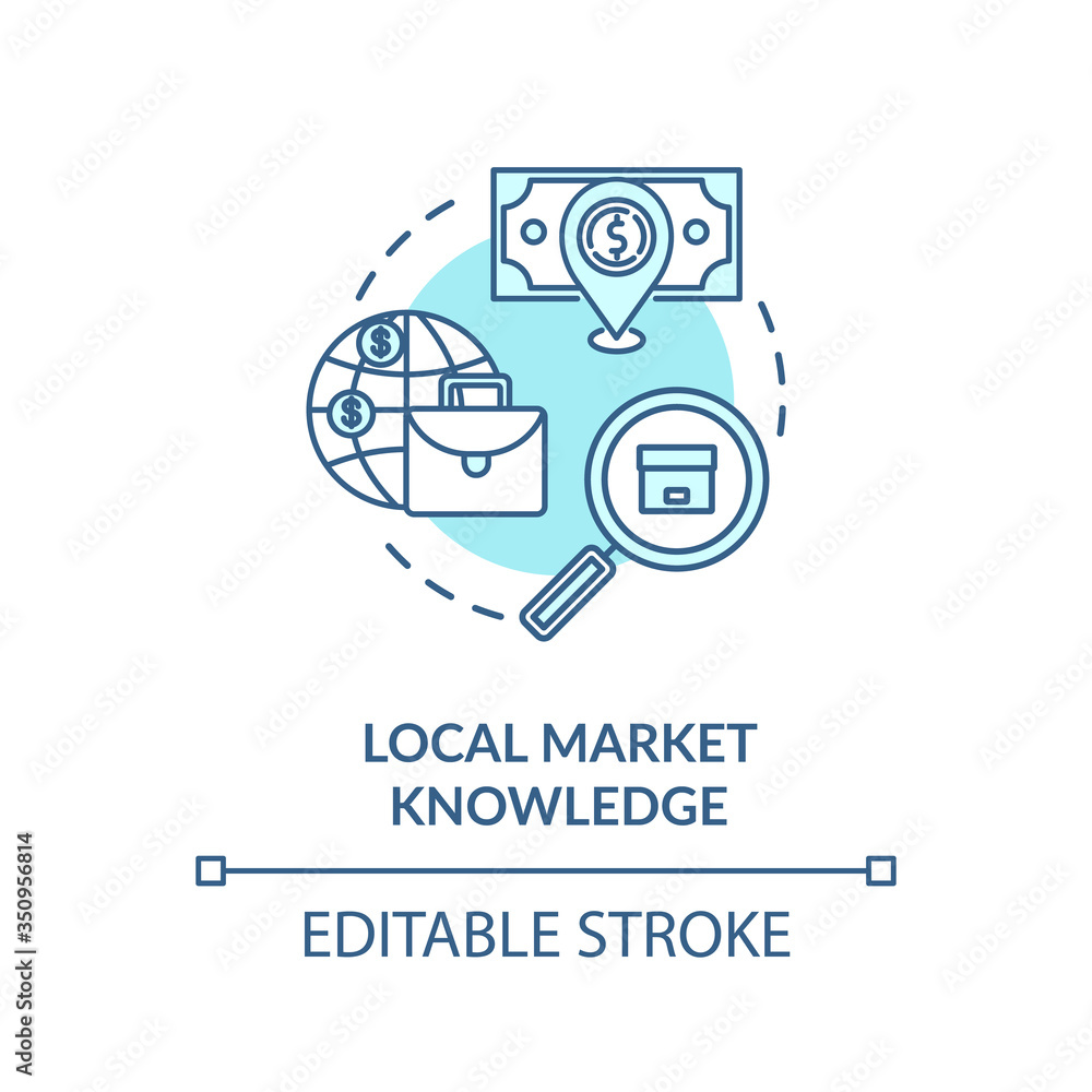 Local market knowledge turquoise concept icon. Research for global product sale. Business knowledge idea thin line illustration. Vector isolated outline RGB color drawing. Editable stroke Local market knowledge turquoise concept icon. Research for global product sale. Business knowledge idea thin line illustration. Vector isolated outline RGB color drawing. Editable stroke