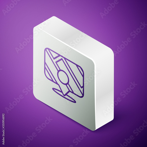 Isometric line Infographic of city map navigation icon isolated on purple background. Mobile App Interface concept design. Geolacation concept. Silver square button