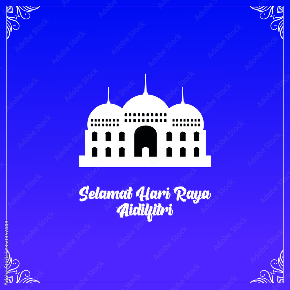 Word Selamat Hari Raya Aidilfitri in Malay, in English is Eid Mubarak with blue gradient background and square pattern design.