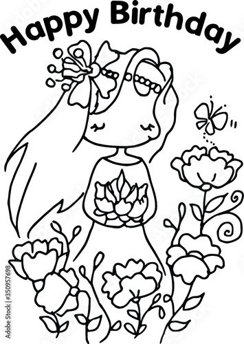 cartoon cute girl happy birthday card 