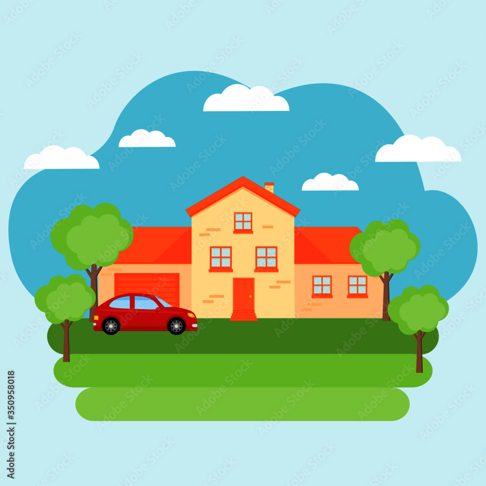 This is a facade of the house is with a garage and a car. Vector illustration.