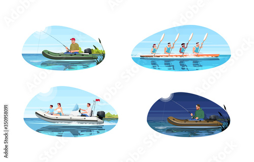 Boat types for activity semi flat vector illustration set. Teamwork for canoe competition. Family relax on speedboat. Man fishing with rod. Hobby 2D cartoon characters for commercial use