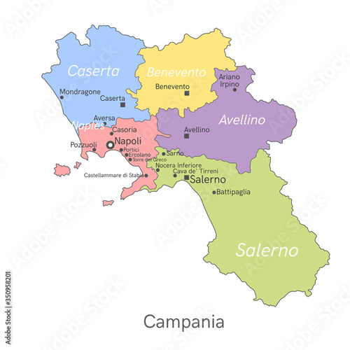 Vector illustration: administrative map of Campania with the borders of the provinces. Names of cities, regions and communes of Campania