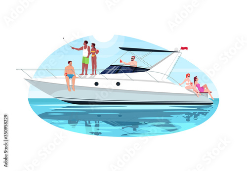 Multi racial group on voyage semi flat vector illustration. People sail in ocean on private regatta. Man and woman relax on luxury boat. Multi cultural 2D cartoon characters for commercial use