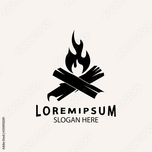 vintage Hipster bonfire Campfire logo badge label vector illustration on dark background. Crossed logs of wood and fire flame Classic badge