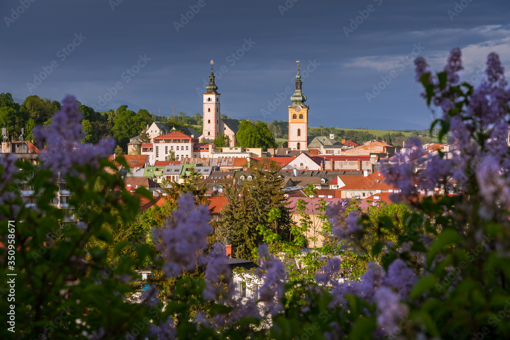 Middle-age castle Barbican and church of the Assumption of the Blessed Virgin Mary in Banska Bystrica, Slovakia. Town fortification. Historical monuments in modern city centre