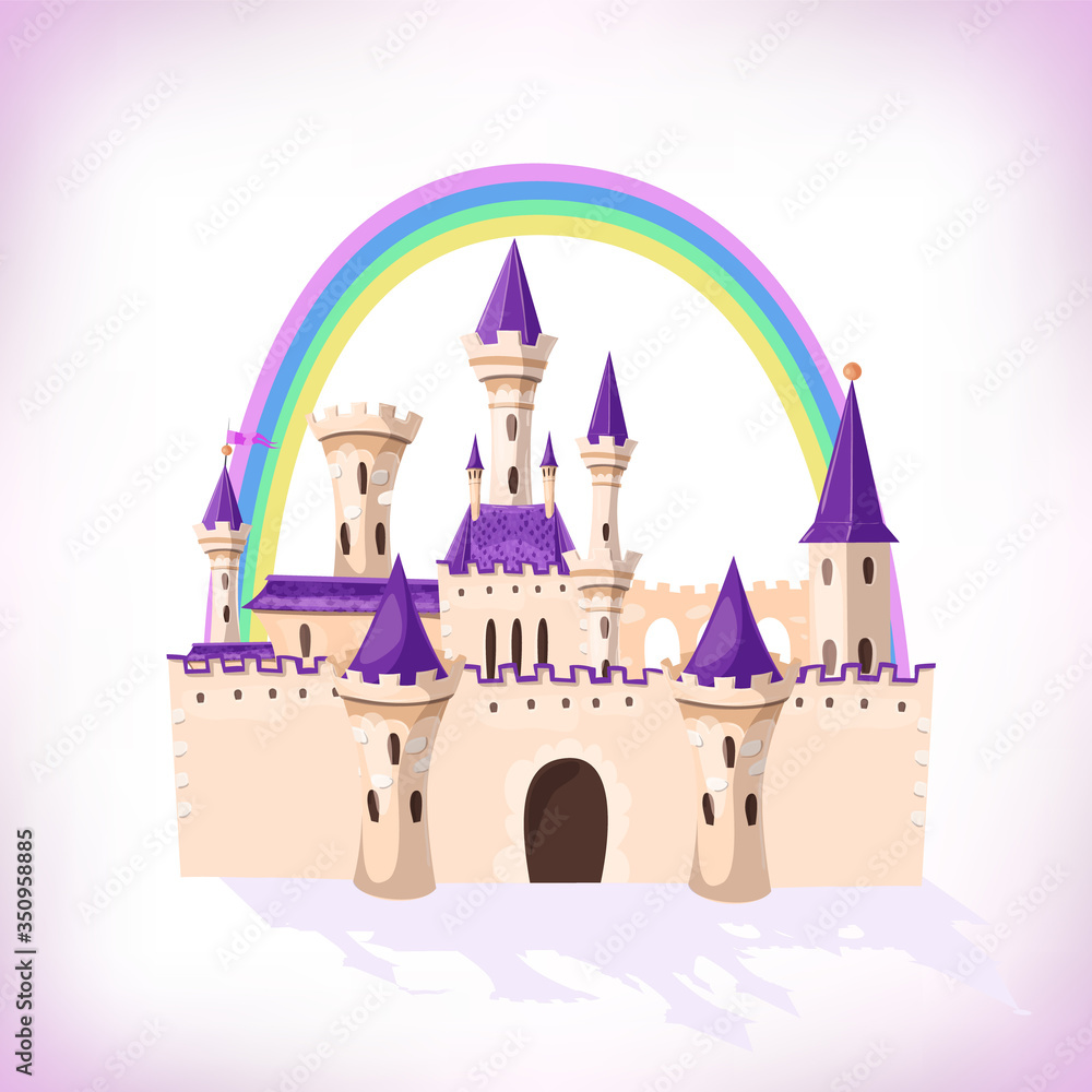 FairyTale castle. Cartoon castle. Fantasy fairy tale palace with rainbow. Vector illustration.