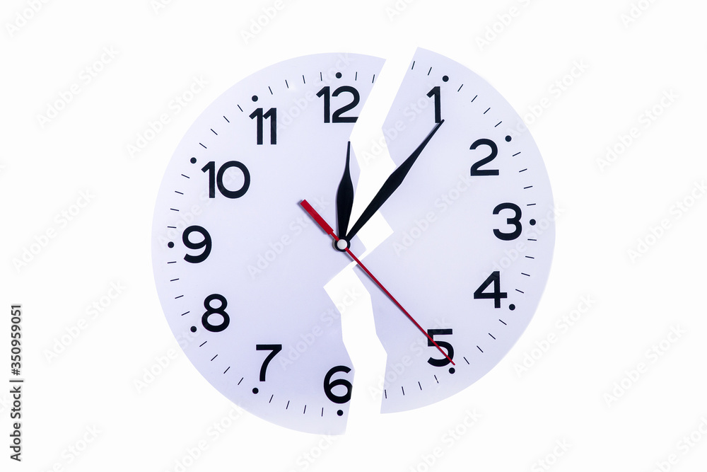 Broken clock on a white background as a symbol of lack of time and no return Broken clock on a white background as a symbol of lack of time and no return