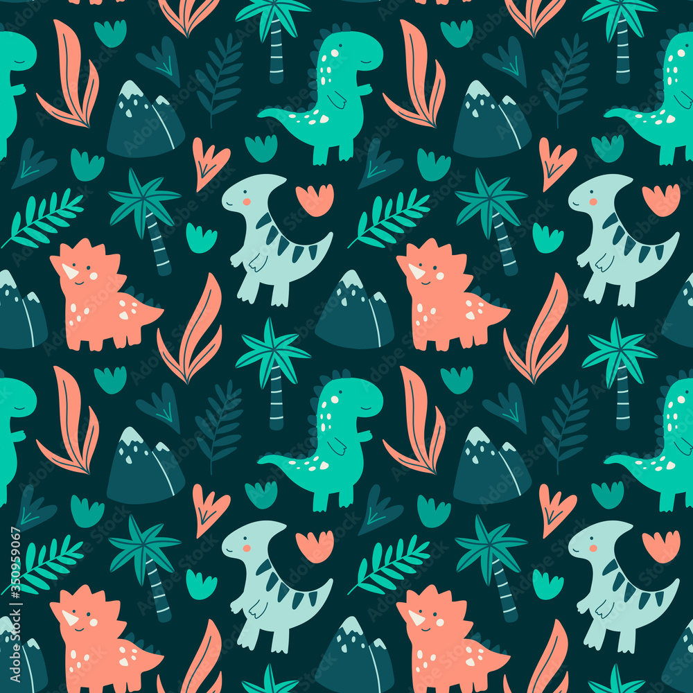 Vector seamless pattern with cute dinosaur character on dark background. Hand drawn with palm tree, leaves and mountain. Cartoon design in childish doodle style for textile, books, phone cases Vector seamless pattern with cute dinosaur character on dark background. Hand drawn with palm tree, leaves and mountain. Cartoon design in childish doodle style for textile, books, phone cases