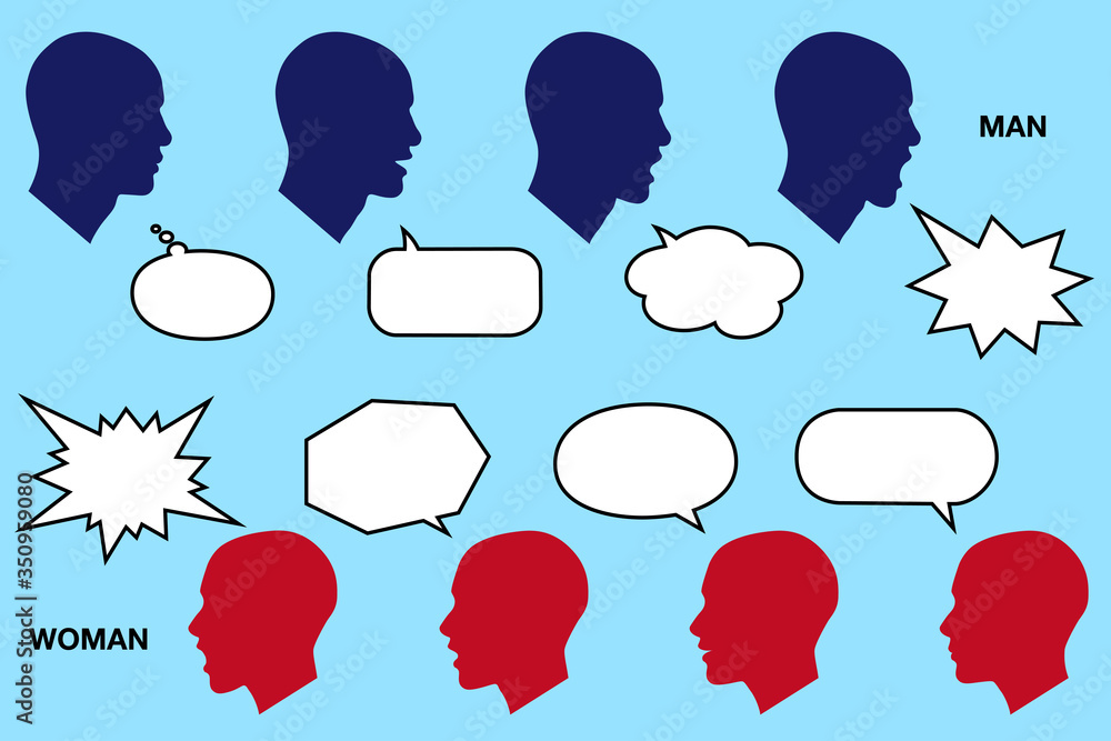 Man and woman side face silhouette talk with speech bubble　set , vector illustration