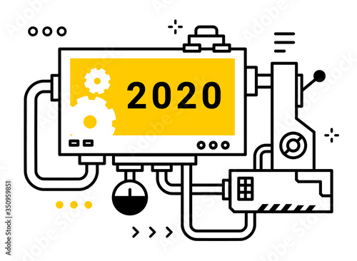 Vector industrial illustration of complicated mechanism with board with number 2020 and lever on white background.