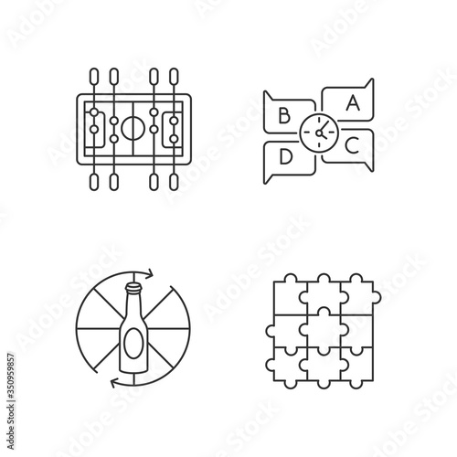 Friendly party games pixel perfect linear icons set. Customizable thin line contour symbols. Table soccer, spinning bottle, jigsaw bottle, quiz. Isolated vector outline illustrations. Editable stroke