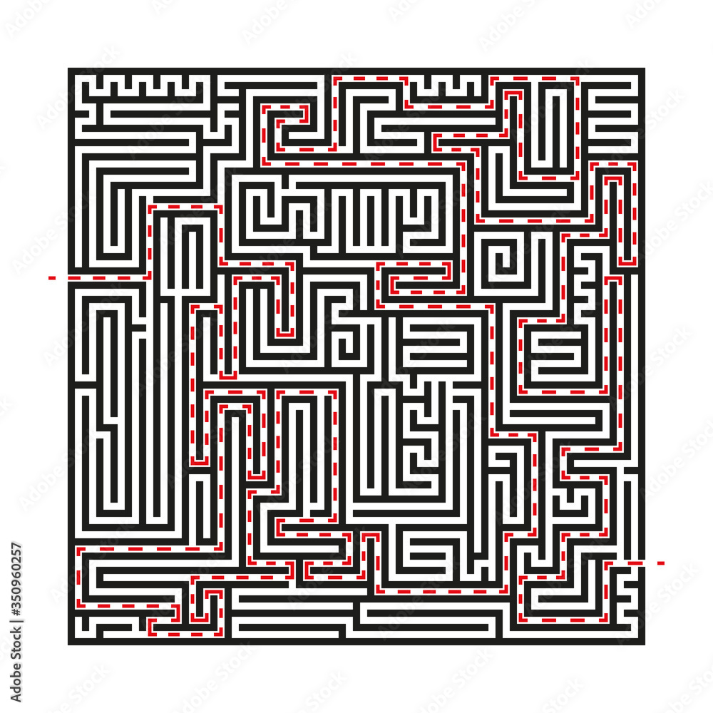 Black square vector maze isolated on white background. Hard labyrinth with one right way. Vector maze icon. Labyrinth symbol. Difficult puzzle with solution
