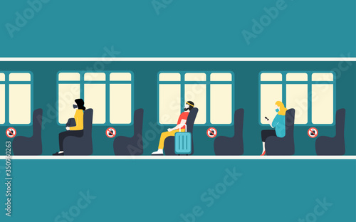 New normal concept. People wearing face mask and face shield keep distance while sitting in the bus, train. vector Illustration. 