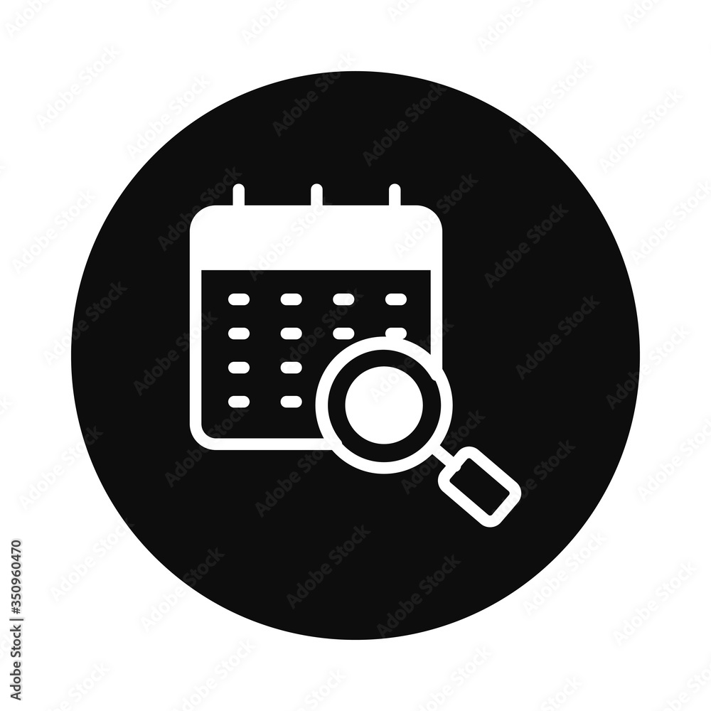 calendar and magnifying glass icon, block style