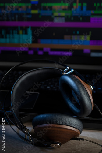 Hi-Fi headphones and computer in a home-studio audio recording and producing (ID: 350960827)