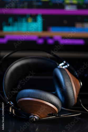 Hi-Fi headphones and computer in a home-studio audio recording and producing (ID: 350961057)