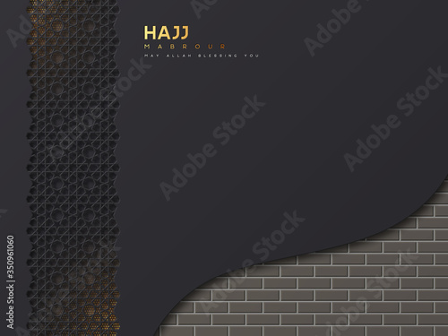 Hajj Mabrour vector banner with 3d decorative traditional arabic ornament and brick wall as a symbol of Kaaba. Islamic pilgrimage to Mecca, Saudi Arabia.