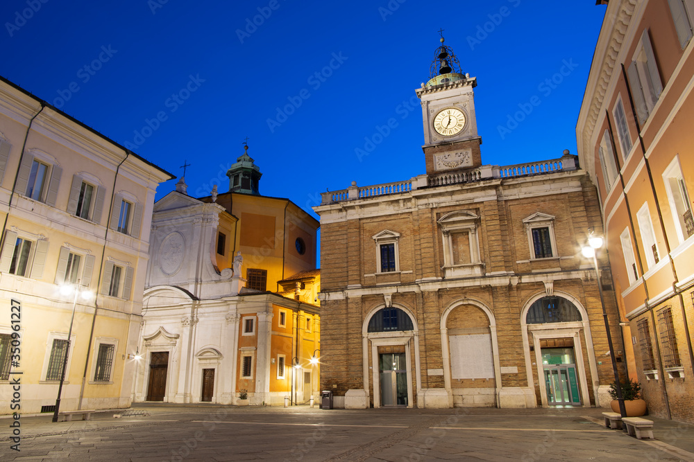 Ravenna - The square Piazza del Popolo, and church Chiesa di Santa Maria del Suffragio at dusk.