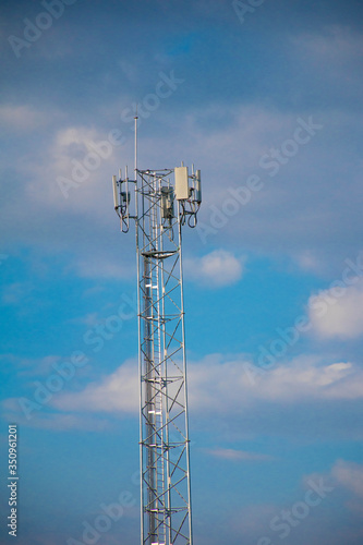 Telecommunication tower of 4G and 5G cellular. Antenna transmission communication. Cell phone signal base station.