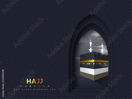 Hajj Mabrour vector banner. Realistic Kaaba and mosque with clouds in the arabic window. Islamic pilgrimage to Mecca, Saudi Arabia. Dark blue background.