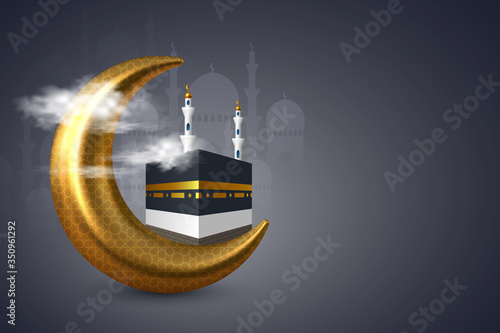 Holy Kaaba with mosque and golden crescent in the clouds. Realistic style, night dark blue background. Design for islamic celebration Hajj or Eid al-Adha with copy space.