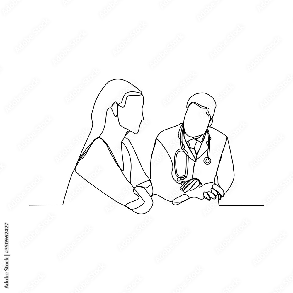 Continuous line drawing of doctor talk and consulting patient. vector illustration