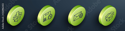 Set Isometric Cardboard box with traffic symbol, Cardboard box and fast time, Envelope with shield and Carton cardboard box icon