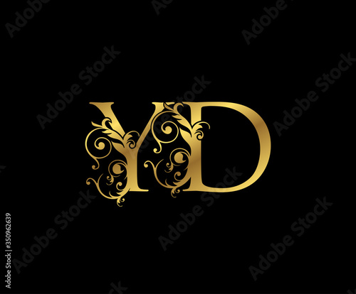 Luxury Gold Y, D and YD  Letter Floral logo. Vintage Swirl drawn emblem for weeding card, brand name, letter stamp, Restaurant, Boutique, Hotel.