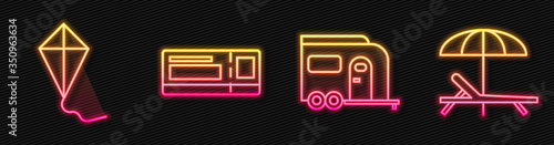 Set line Rv Camping trailer, Kite, Travel ticket and Sunbed and umbrella. Glowing neon icon