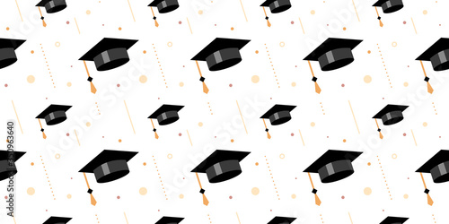 Vector seamless pattern with flying shine graduate cap with tassel and on white background in frame. Congratulation graduate class of graduation.