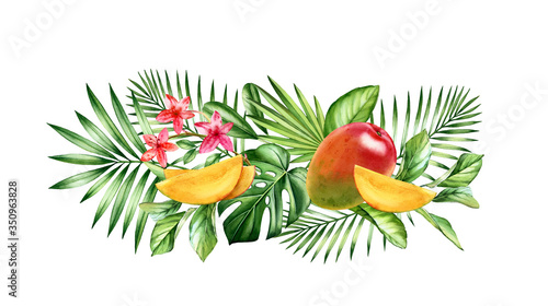 Watercolor mango fruits. Horizontal border with juicy red fruits and tropical leaves. Botanical realistic hand drawn illustration 