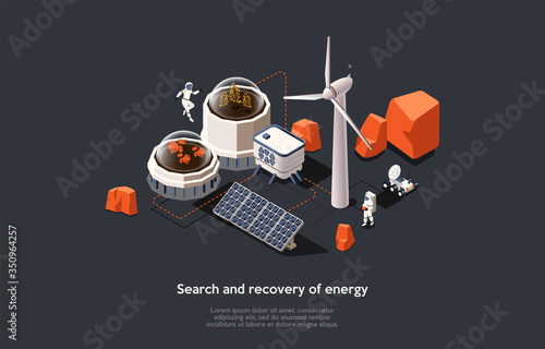 Isometric 3D Mars Colonization Mission Concept. Astronauts Searching For Energy Production And Provision Of Life In Space Using Modern Equipment. People Adaption On Mars. Cartoon Vector Illustration