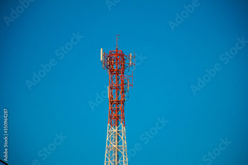 Telecommunication tower of 4G and 5G cellular. Antenna transmission communication. Cell phone signal base station.
