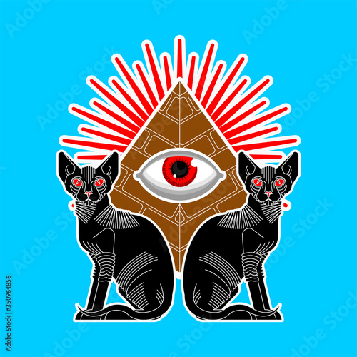 Sphinx cat and Egyptian pyramid. Sacred animal of Egypt. Secret mystic pet sign