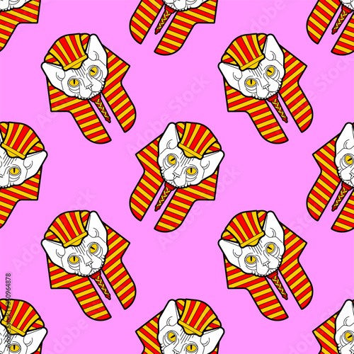 Sphynx cat in Nemes pattern seamless. Cat pharaoh background. Ancient Egypt ornament