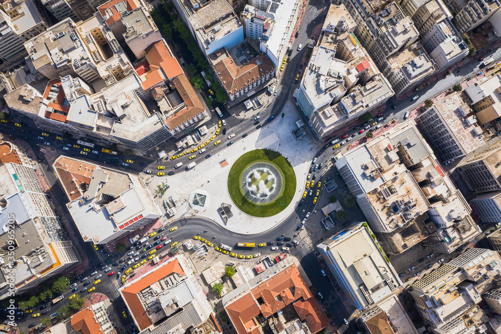 Aerial view of renovated fountain of famous round square of Omonia, Attica, Greece