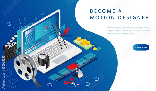 Isometric 3D Concept Of Video Editing, Video Production, Montage Courses. Man Shoot A Video, Then Edit It On Laptop With Computer Program Or Application And Monetize Job. Cartoon Vector Illustration